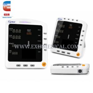 White medical patient monitor with a large black screen showing SYS, DIA and MAP readings and an orange power button; EXIR logo and watermark www.EXIRMEDICAL.COM.