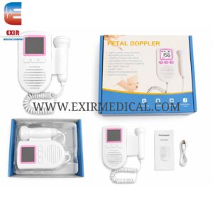 Fetal Doppler kit with handheld monitor, probe, and coiled cord shown beside branded box and watermark EXIR Medical.