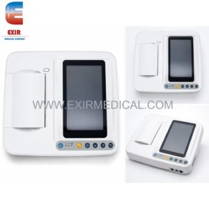 Medical device with a large touchscreen and built‑in paper roll, shown from multiple angles in a collage.